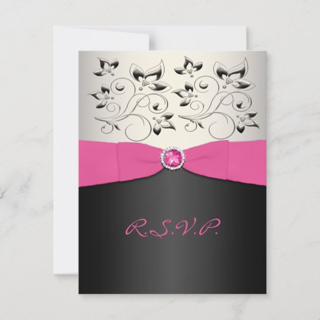 Tarjeta RSVP rosa, negra, plateada RIBBON IMPRESA (Anverso)