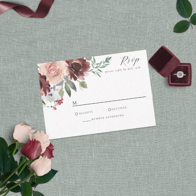 Tarjeta RSVP Rosa Rubor y Peony de Borgoña clásica (Subido por el creador)