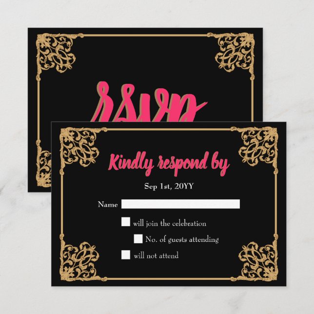 Tarjeta Rsvp Rosada Vintage Black Gold (Anverso / Reverso)