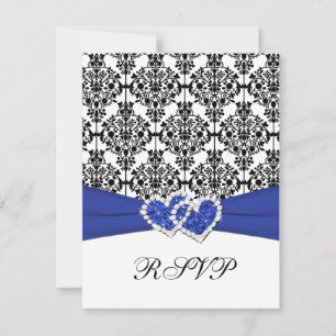 Tarjeta RSVP Royal Blue, White, Black Damask & Hea