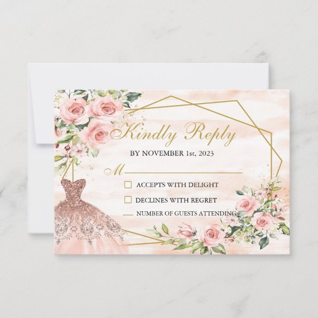 Tarjeta RSVP Rubor Rosa Quinceañera (Anverso)