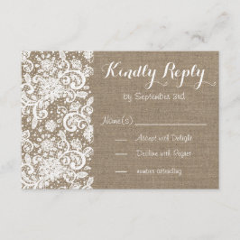 Tarjeta RSVP rusa con burlap y lace para boda