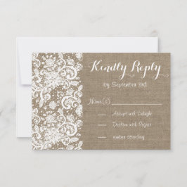 Tarjeta RSVP rusa con burlap y lace para boda