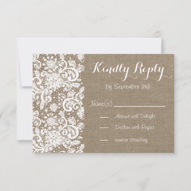 Tarjeta RSVP rusa con burlap y lace para boda (Anverso)
