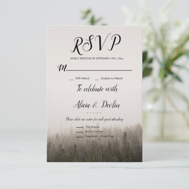Tarjeta Rsvp Rustic Forest Misty Mysterie Paisajes (Anverso de pie)