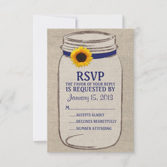 Tarjeta RSVP Rustic Mason Jar & Burlap y Sunflower (Anverso)