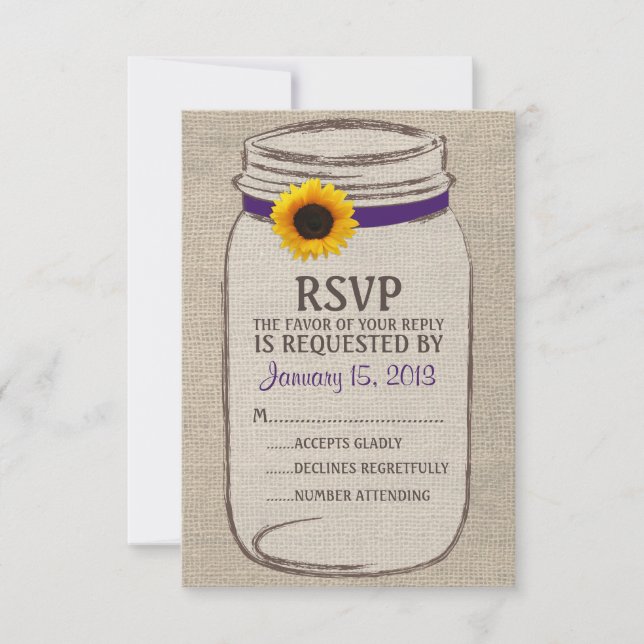 Tarjeta RSVP Rustic Mason Jar & Burlap y Sunflower (Anverso)