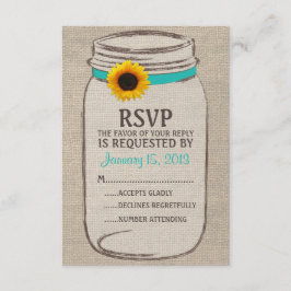 Tarjeta RSVP Rustic Mason Jar & Burlap y Sunflower