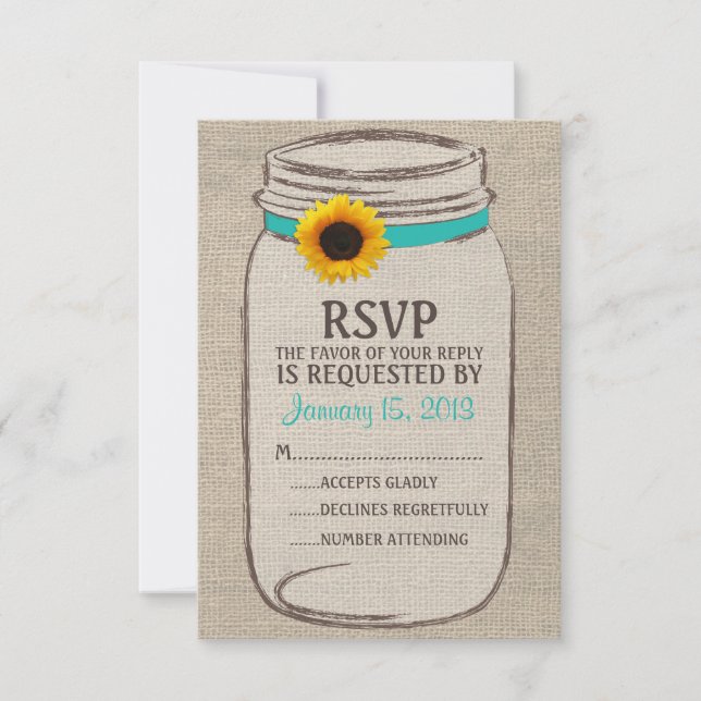 Tarjeta RSVP Rustic Mason Jar & Burlap y Sunflower (Anverso)