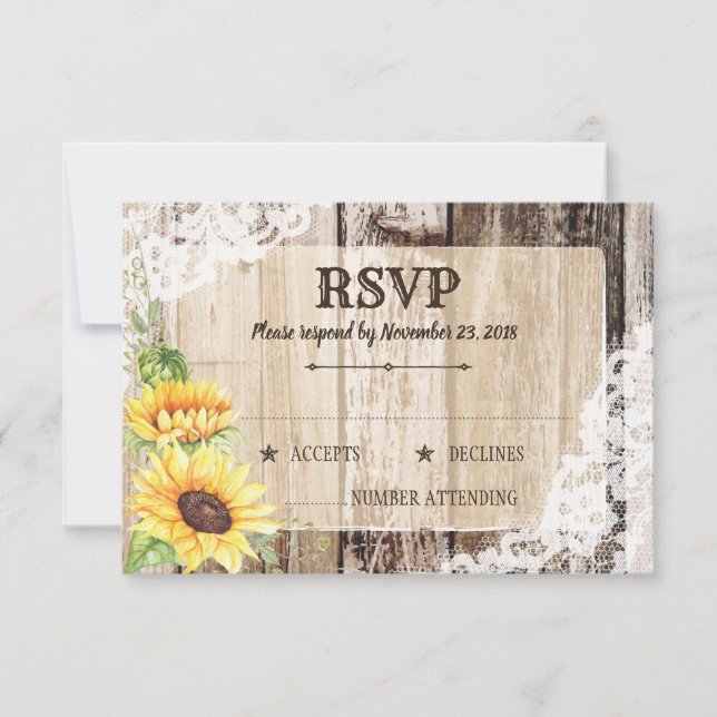 Tarjeta RSVP Rústica Boho Sunflowers Wood (Anverso)