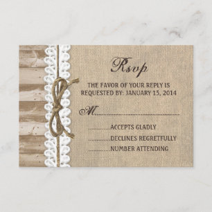 Tarjeta RSVP Rústica Burlap Barn Wood Twine Wedine