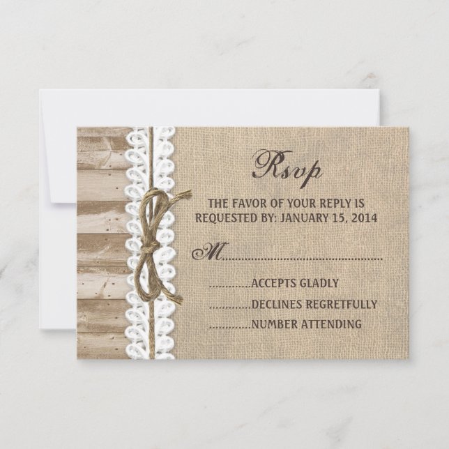 Tarjeta RSVP Rústica Burlap Barn Wood Twine Wedine (Anverso)