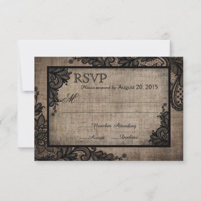 Tarjeta RSVP Rústica Burlap de Lace Negro gótico (Anverso)