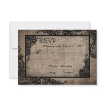 Tarjeta RSVP Rústica Burlap de Lace Negro gótico