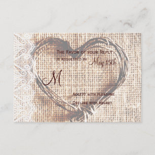 Tarjeta RSVP Rústica Burlap Lace Twine Heart Weddi