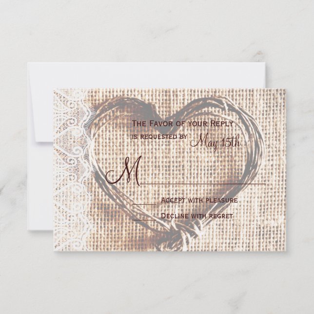 Tarjeta RSVP Rústica Burlap Lace Twine Heart Weddi (Anverso)