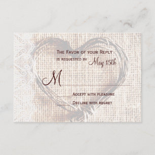 Tarjeta RSVP Rústica Burlap Lace Twine Heart Weddi