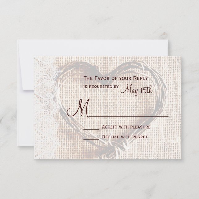 Tarjeta RSVP Rústica Burlap Lace Twine Heart Weddi (Anverso)