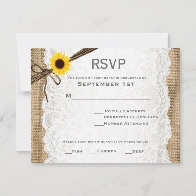 Tarjeta RSVP Rústica Burlap, Sunflower & Lace Wedd (Anverso)