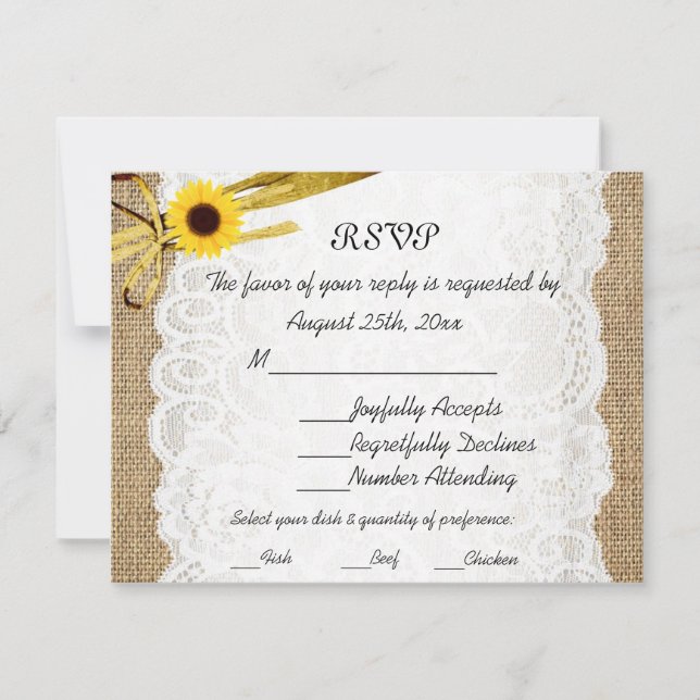 Tarjeta RSVP Rústica Burlap Sunflower Lace Wedding (Anverso)