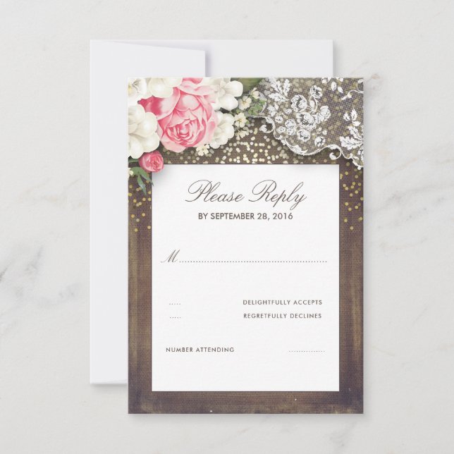 Tarjeta RSVP Rústica Burlap y Floral Lace Wedding (Anverso)
