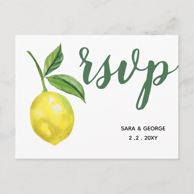 Tarjeta RSVP Rústica de acuarela Citrus Lemon Wedd (Anverso)