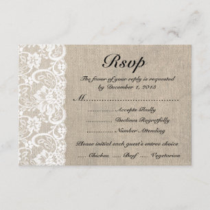 Tarjeta RSVP Rústica de Burlap Lace Blanco con com
