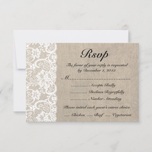Tarjeta RSVP Rústica de Burlap Lace Blanco con com (Anverso)