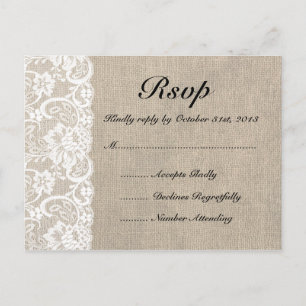 Tarjeta RSVP Rústica de Burlap y Lace