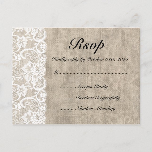 Tarjeta RSVP Rústica de Burlap y Lace (Anverso)