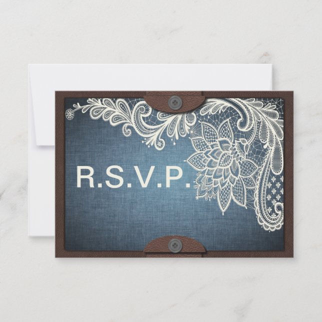 Tarjeta RSVP Rústica de Denim, Boda de encaje y cu (Anverso)