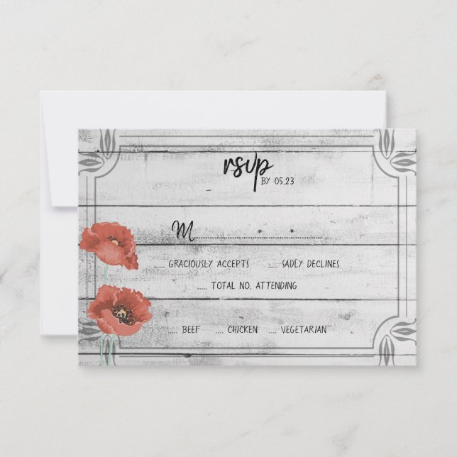Tarjeta RSVP Rústica de Flores de amapola de mader (Anverso)