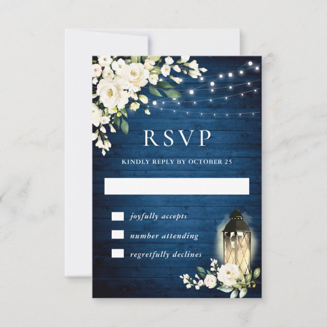 Tarjeta RSVP Rústica de luz blanca de madera azul (Anverso)
