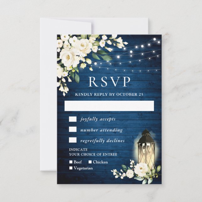 Tarjeta RSVP Rústica de luz blanca de madera azul (Anverso)