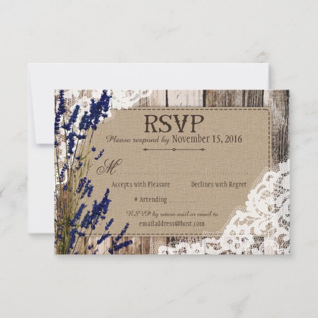Tarjeta RSVP Rústica de Madera de Flores de Lavand (Anverso)