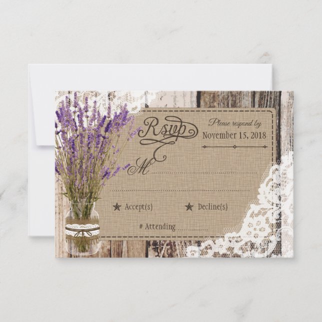 Tarjeta RSVP Rústica de Madera de Flores de Lavand (Anverso)