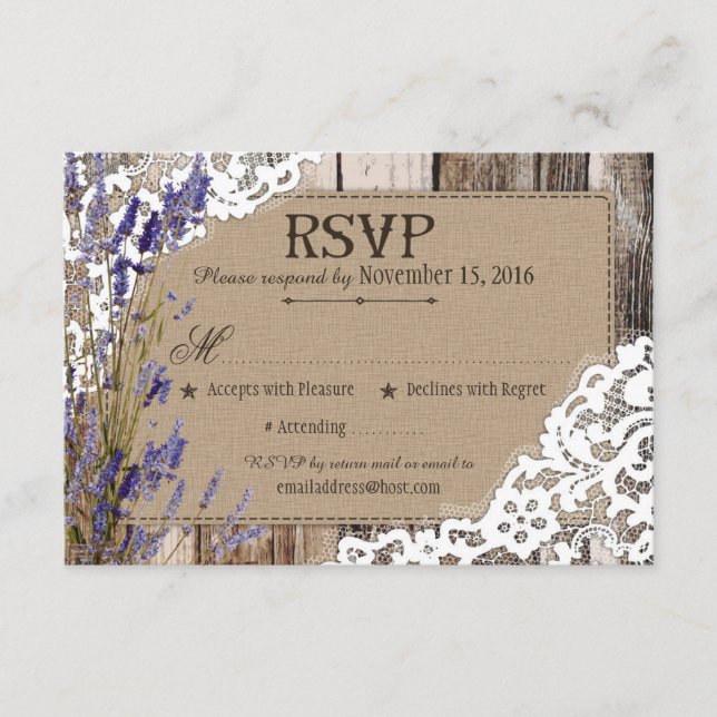 Tarjeta RSVP Rústica de Madera de Flores de Lavand (Anverso)