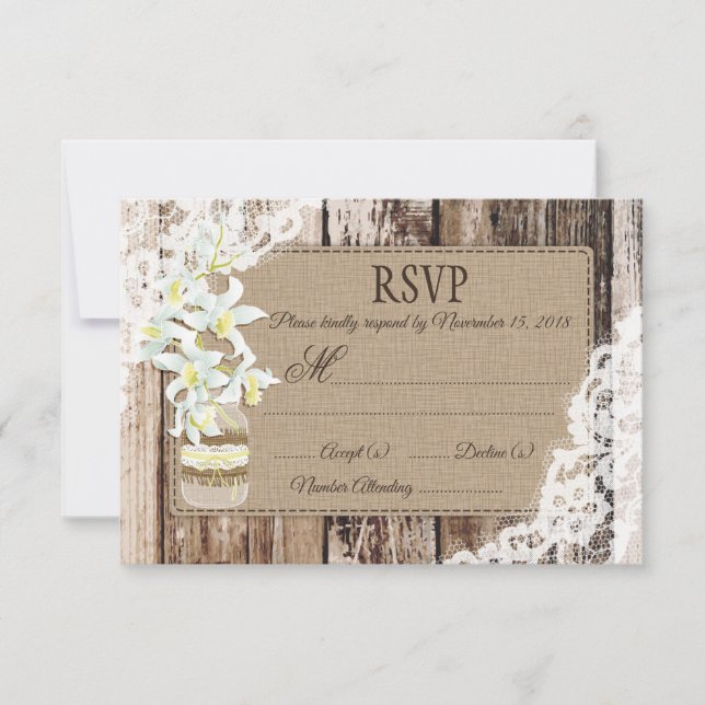 Tarjeta RSVP Rústica de Madera de Flores Orquídeas (Anverso)
