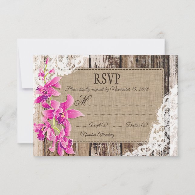 Tarjeta RSVP Rústica de Madera de Flores Orquídeas (Anverso)