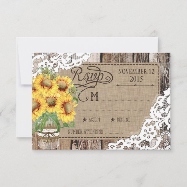 Tarjeta RSVP Rústica de Madera de Sunflower Countr (Anverso)