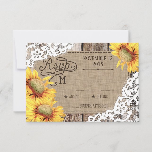 Tarjeta RSVP Rústica de Madera de Sunflower Countr (Anverso)