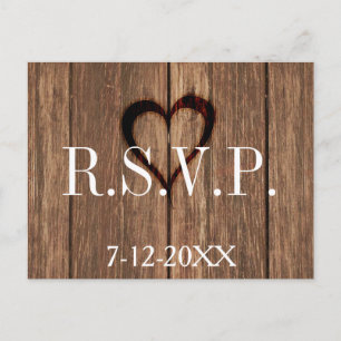 Tarjeta RSVP Rústica de Madera y Corazón grabado