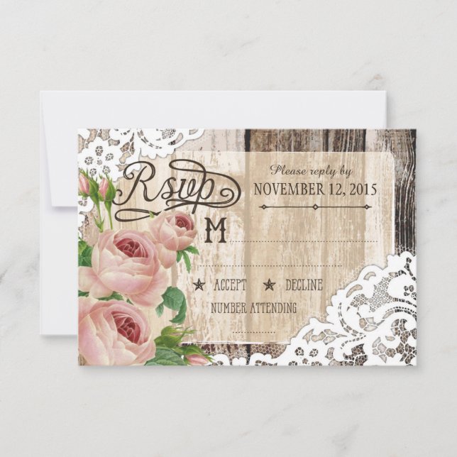 Tarjeta RSVP Rústica de Madera y Lace para rosas (Anverso)
