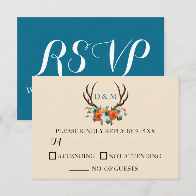Tarjeta RSVP Rústica Floral Antlers BOHO Wedding (Anverso / Reverso)