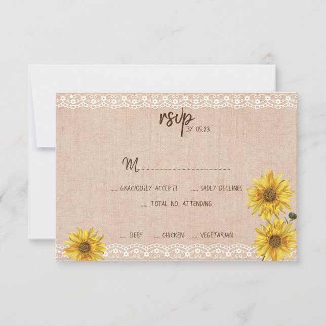 Tarjeta RSVP Rústica Lace & Burlap Sunflowers Wedd (Anverso)