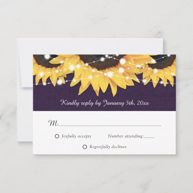 Tarjeta RSVP Rústica Purple Burlap Lace Sunflower (Anverso)