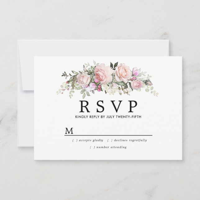 Tarjeta RSVP Rústica Rubor Floral Rosa Quinceanera (Anverso)