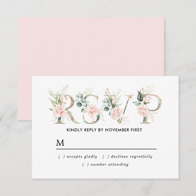 Tarjeta RSVP Rústica Rubor Floral Rosa Quinceanera (Anverso / Reverso)
