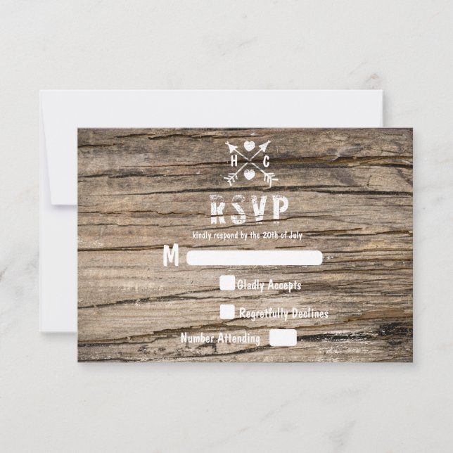 Tarjeta RSVP Rústica Runge Country Wood de madera (Anverso)