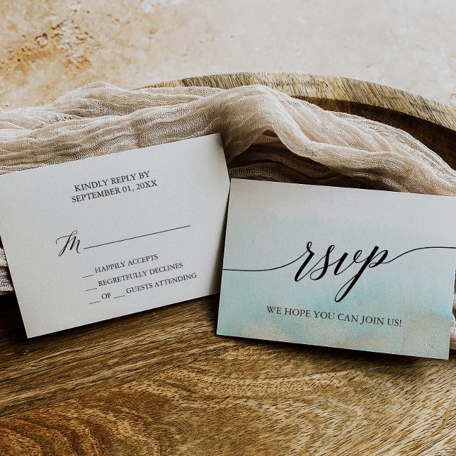 Tarjeta RSVP simple Aqua and Gold Beach (Subido por el creador)
